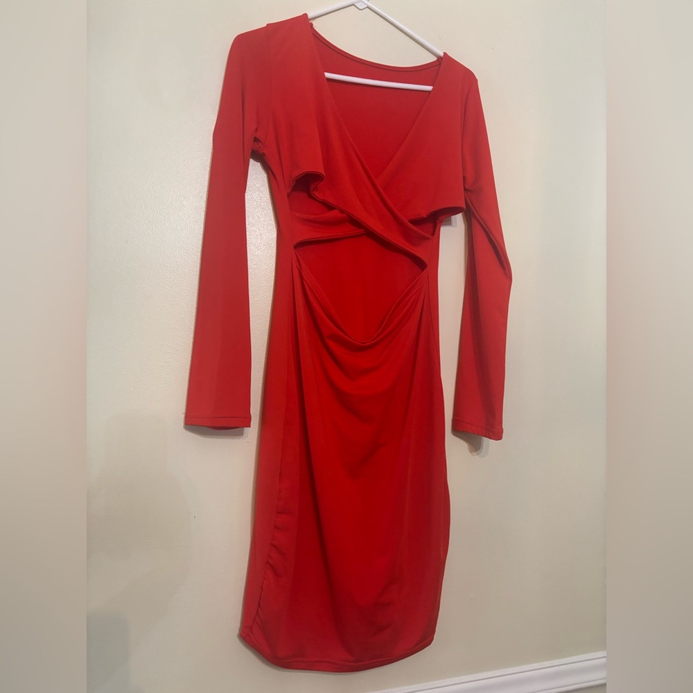 Bold Red Long Sleeve Cutout Front Bodycon Midi Dress-Size Unknown-See Measuremen